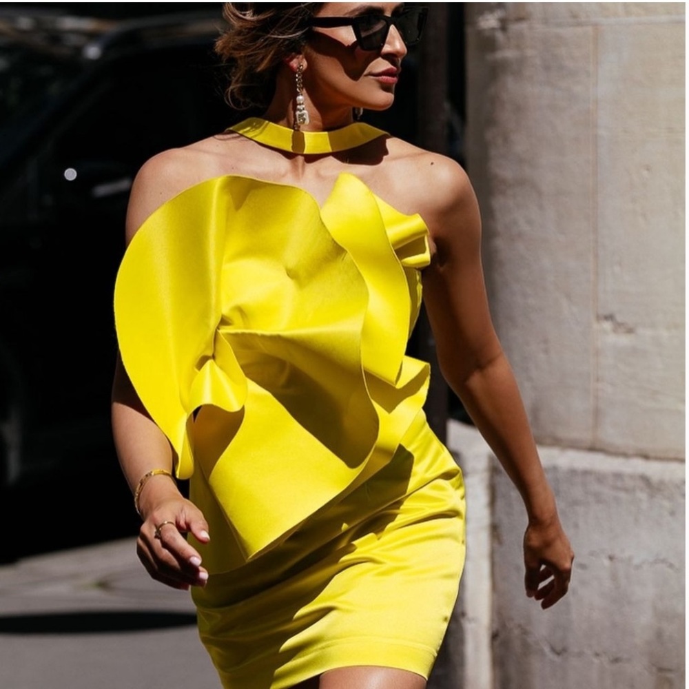 ZARA Lemon Yellow Limited Edition Ruffle Voluminous Mini Dress - Picture 12 of 17